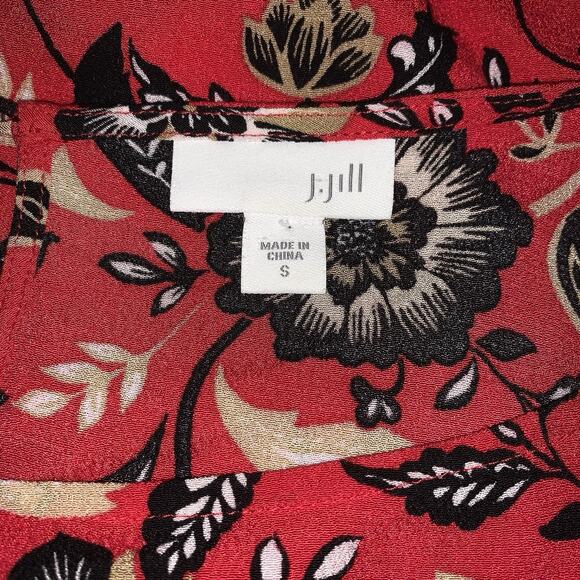 J Jill Tropical Floral Blouse Size Small Red 3/4 Sleeve Keyhole Pullover Career - Picture 3 of 6